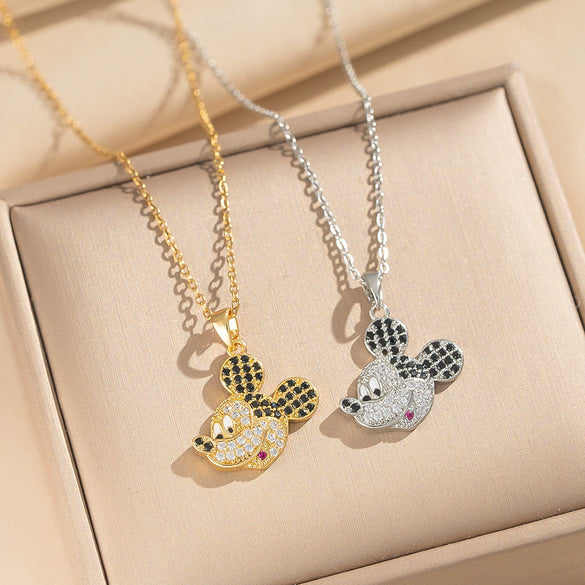 Wholesale Women's Light Luxury Gold Plated Mickey Pattern Titanium Steel And Copper Inlaid With Zircon Necklace With Flash O Chain