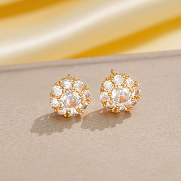 Wholesale Women's Light Luxury Goldplated Copper Flower Stud Earrings With Diamond Inlay