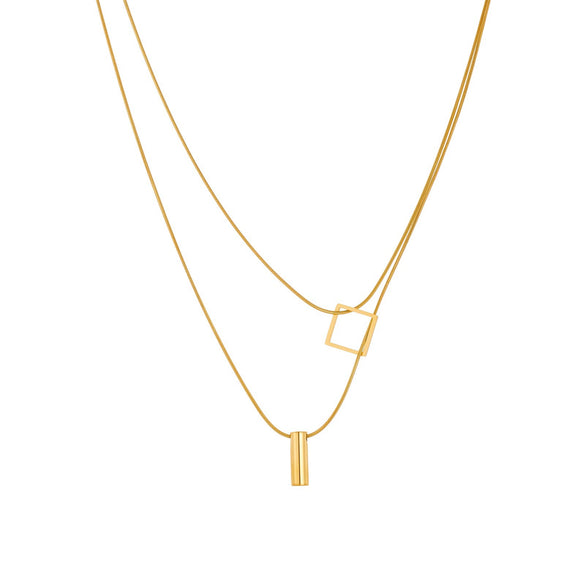 Wholesale Women's Light Luxury Goldplated Stainless Steel Geometric Snake Bone Chain Necklace With Square And Cylindrical Pendant