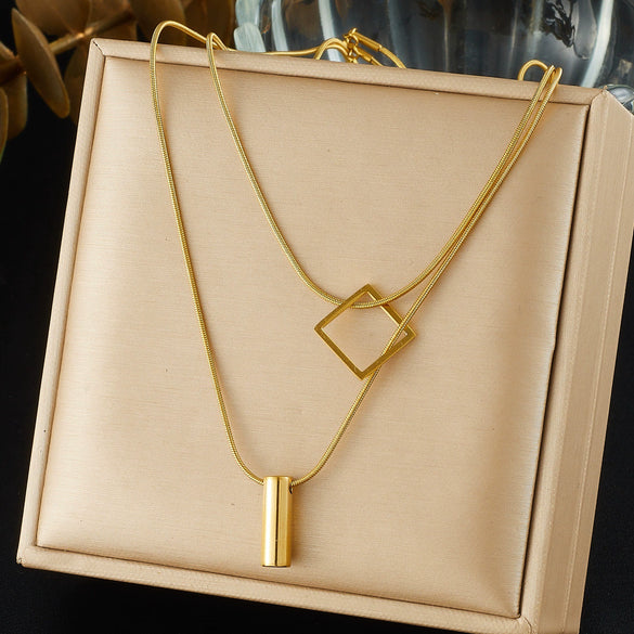 Wholesale Women's Light Luxury Goldplated Stainless Steel Geometric Snake Bone Chain Necklace With Square And Cylindrical Pendant