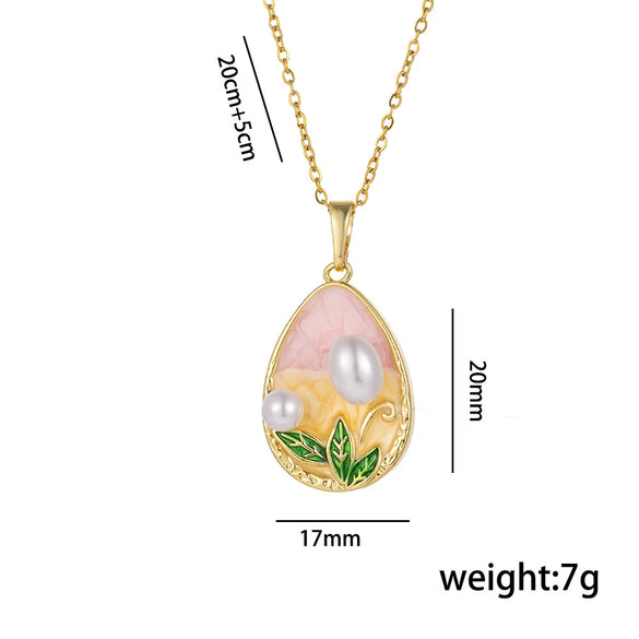Wholesale Women's Light Luxury Heart Shape Titanium Steel And Copper Necklace With Micro Inlaid Pearl Dripping Oil Retro Oil Painting Style Clavicle Chain Jewelry