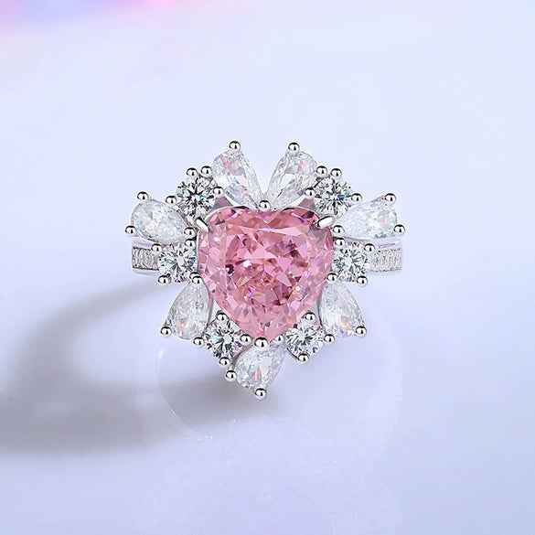 Wholesale Women's Light Luxury Heartshaped 925 Sterling Silver Pink High Carbon Diamond Ring With Ice Flower Cut