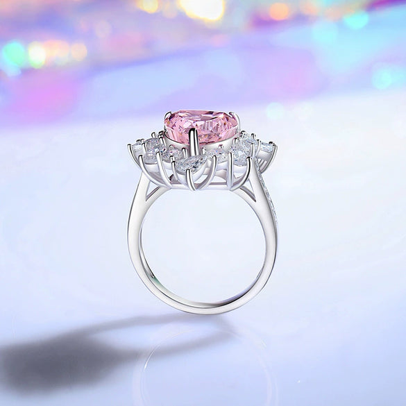 Wholesale Women's Light Luxury Heartshaped 925 Sterling Silver Pink High Carbon Diamond Ring With Ice Flower Cut