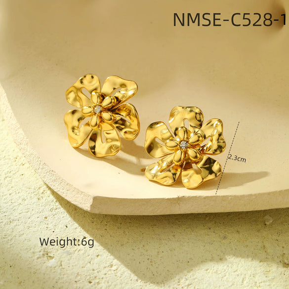 Wholesale Women's Light Luxury Highend Stainless Steel And Titanium Steel Earrings With Geometric Flowers And Pearl Design Electroplated