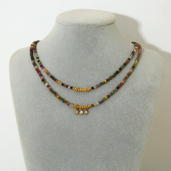 Wholesale Women's Light Luxury Ins Style Natural Tourmaline And Stainless Steel Geometric Beaded Stacked Necklace With Electroplating
