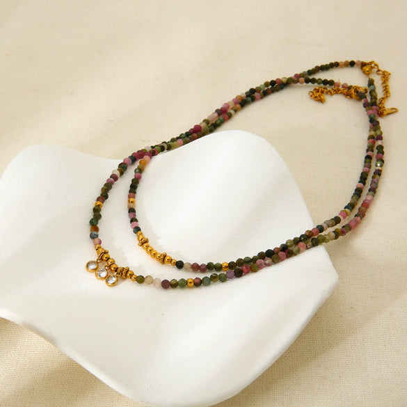 Wholesale Women's Light Luxury Ins Style Natural Tourmaline And Stainless Steel Geometric Beaded Stacked Necklace With Electroplating