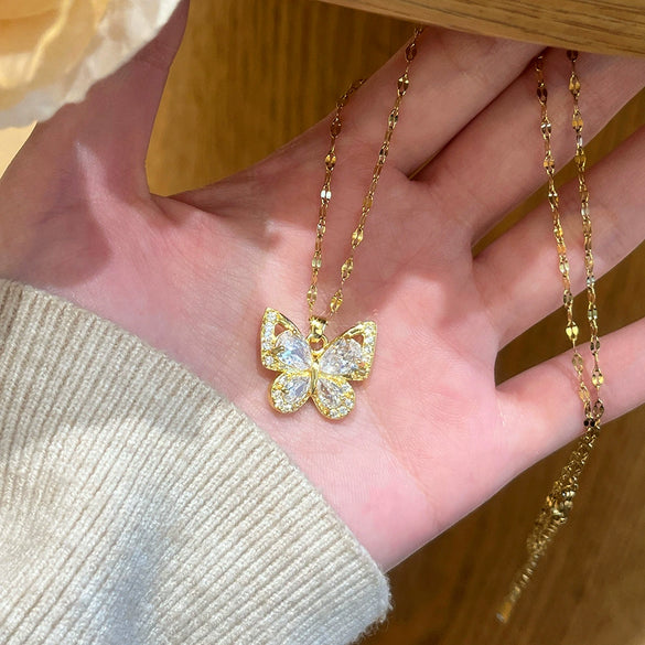 Wholesale Women's Light Luxury Insect Shaped Titanium Steel And Copper Necklace Inlaid With Zircon And Zirconia In Water Wave Chain Style