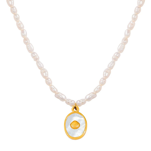 Wholesale Women's Light Luxury Jewelry 316L Stainless Steel Necklace With Freshwater Pearl Beaded White Shellfish Design And Geometric Pattern