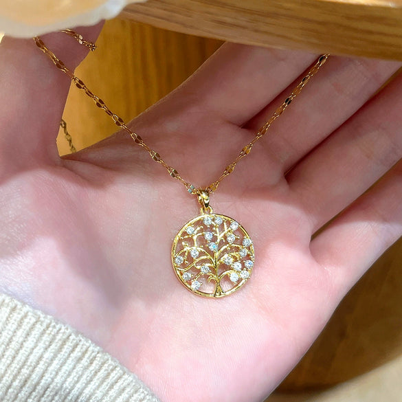 Wholesale Women's Light Luxury Jewelry Tree Of Life Pattern Pendant With Titanium Steel Chain And Zircon Inlay