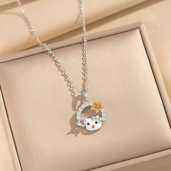 Wholesale Women's Light Luxury Kitty Necklace With Bow Tie And Cartoon Characters Pattern Real Gold Plated Copper Zircon O Word Chain Pendant