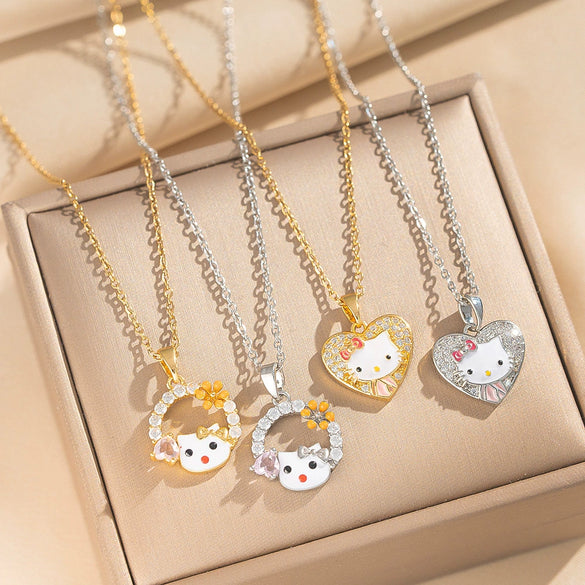 Wholesale Women's Light Luxury Kitty Necklace With Bow Tie And Cartoon Characters Pattern Real Gold Plated Copper Zircon O Word Chain Pendant