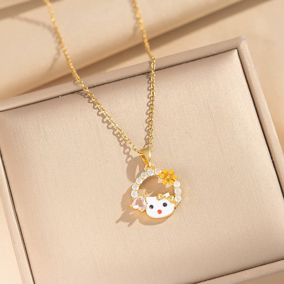 Wholesale Women's Light Luxury Kitty Necklace With Bow Tie And Cartoon Characters Pattern Real Gold Plated Copper Zircon O Word Chain Pendant