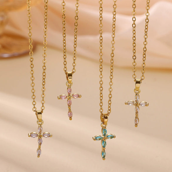 Wholesale Women's Light Luxury Mini Geometric Cross Micropaved Zircon Copper Pendant With 18K Gold Plated O Word Chain Highend Jewelry