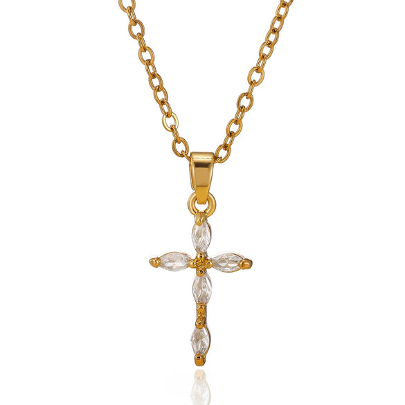 Wholesale Women's Light Luxury Mini Geometric Cross Micropaved Zircon Copper Pendant With 18K Gold Plated O Word Chain Highend Jewelry