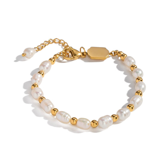 Wholesale Women's Light Luxury Minimalist Geometric Freshwater Pearl Stainless Steel Real Gold Plated Bracelet