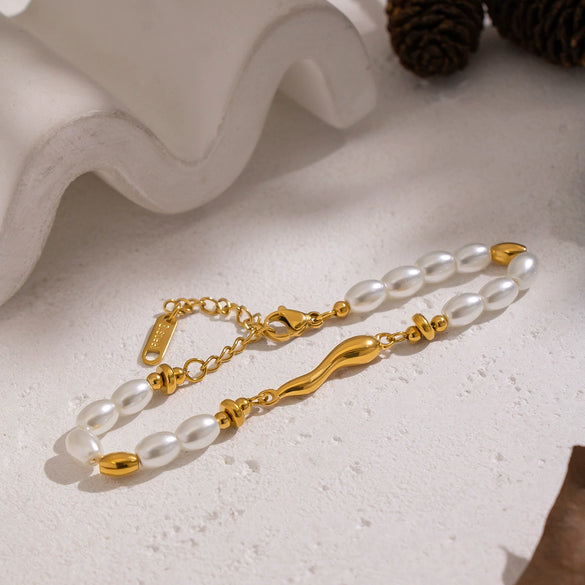 Wholesale Women's Light Luxury Minimalist Real Gold Plated Stainless Steel Irregular Geometric Pearl Shell Beads Beaded Bracelet Hand Jewelry