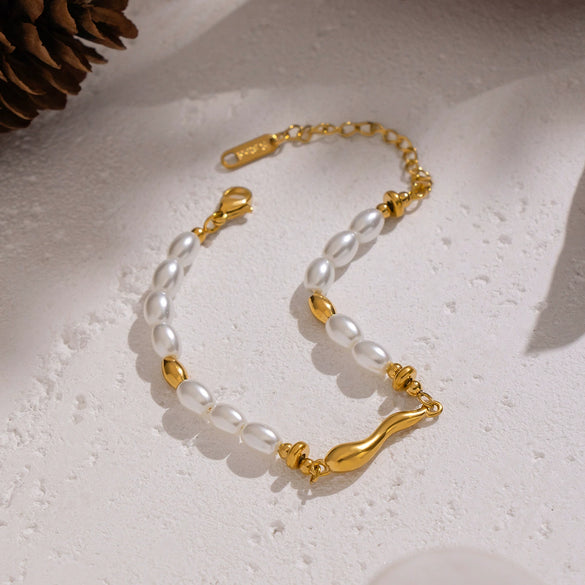 Wholesale Women's Light Luxury Minimalist Real Gold Plated Stainless Steel Irregular Geometric Pearl Shell Beads Beaded Bracelet Hand Jewelry