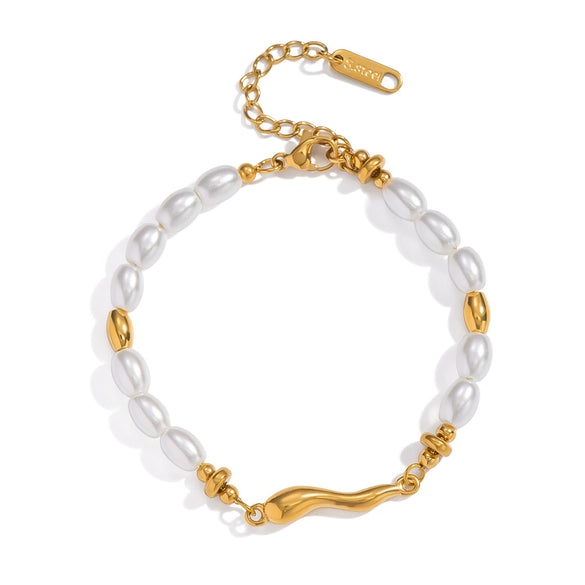 Wholesale Women's Light Luxury Minimalist Real Gold Plated Stainless Steel Irregular Geometric Pearl Shell Beads Beaded Bracelet Hand Jewelry