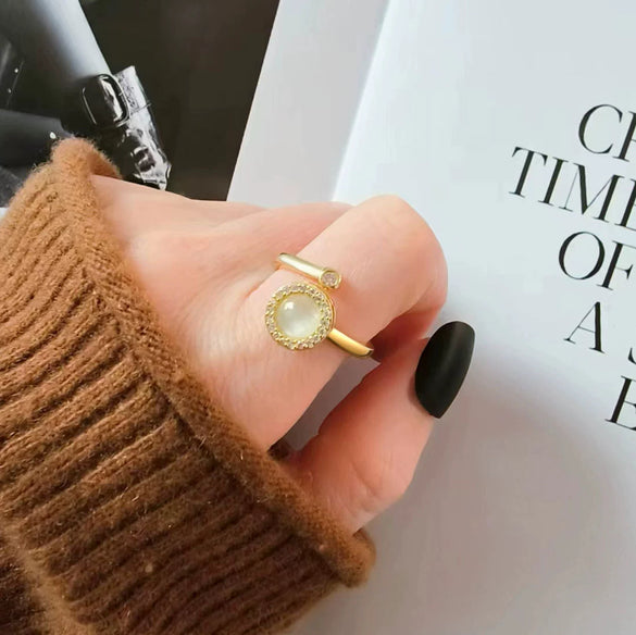 Wholesale Women's Light Luxury Niche Jewelry Zircon Opal Rotatable Opening Ring Copper Geometric Electroplated