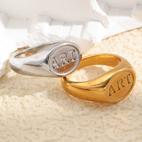 Wholesale Women's Light Luxury Niche Style Geometric Stainless Steel 18K Goldplated English Letter Oval Ring