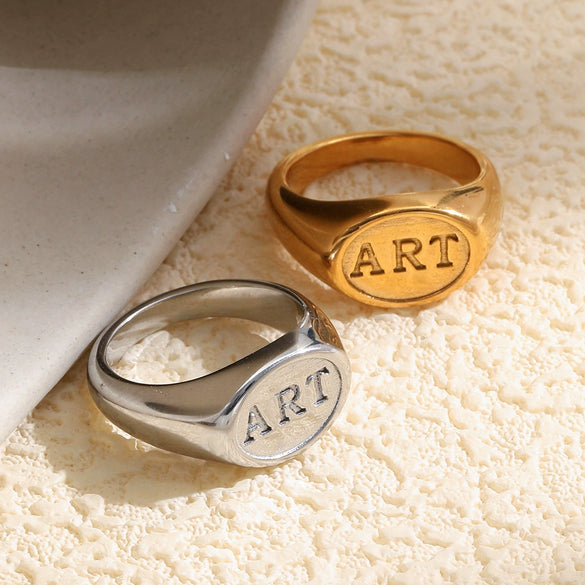 Wholesale Women's Light Luxury Niche Style Geometric Stainless Steel 18K Goldplated English Letter Oval Ring