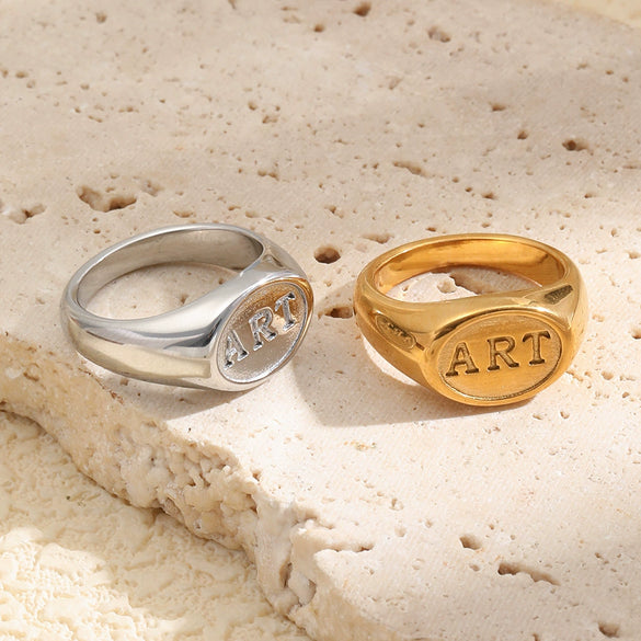 Wholesale Women's Light Luxury Niche Style Geometric Stainless Steel 18K Goldplated English Letter Oval Ring