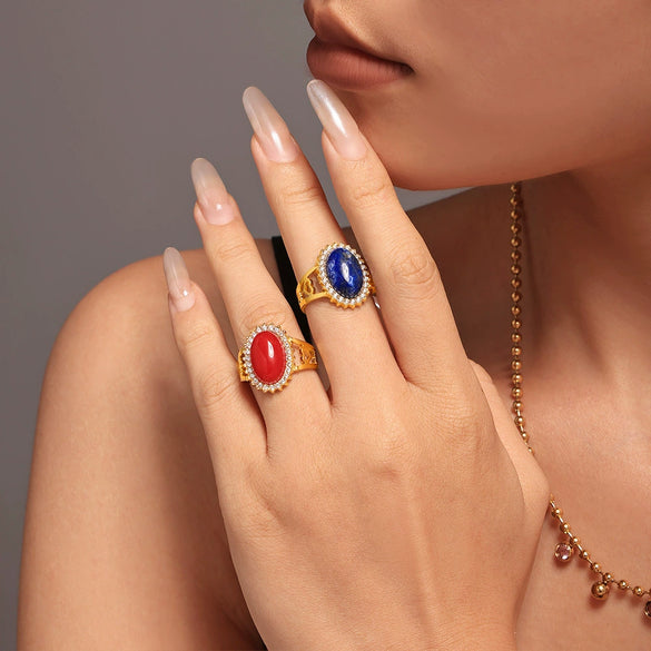 Wholesale Women's Light Luxury Omega Wave Oval Open Ring In Stainless Steel With Natural Stone And Zircon Pvd Plating