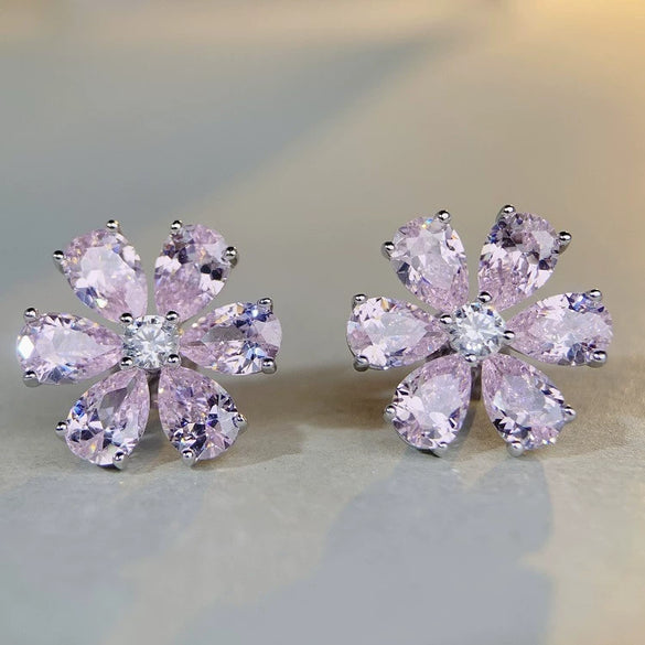 Wholesale Women's Light Luxury Pink Flower Earrings Made Of 925 Silver With Diamond Design