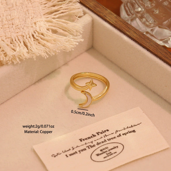 Wholesale Women's Light Luxury Real Gold Plated Copper Heart Shape Star And Moon Open Ring Jewelry