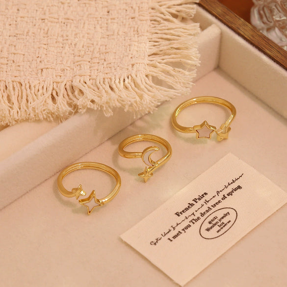 Wholesale Women's Light Luxury Real Gold Plated Copper Heart Shape Star And Moon Open Ring Jewelry