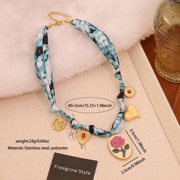 Wholesale Women's Light Luxury Real Gold Plated Handmade Flower Heart Scarf Chain Necklace Accessories