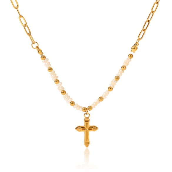 Wholesale Women's Light Luxury Retro Natural Freshwater Pearl Stainless Steel Geometric Cross Pendant Necklace With Electroplating