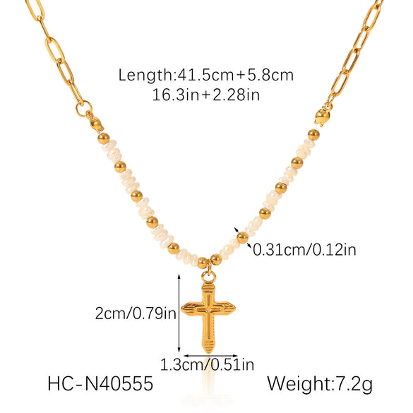 Wholesale Women's Light Luxury Retro Natural Freshwater Pearl Stainless Steel Geometric Cross Pendant Necklace With Electroplating