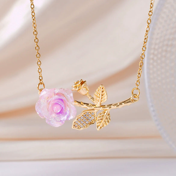 Wholesale Women's Light Luxury Rose Flower Pendant Necklace Copper Electroplating Mixed Gemstone Setting O Chain Jewelry