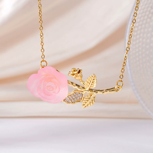 Wholesale Women's Light Luxury Rose Flower Pendant Necklace Copper Electroplating Mixed Gemstone Setting O Chain Jewelry