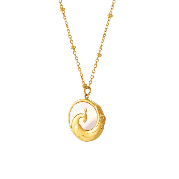 Wholesale Women's Light Luxury Round Clavicle Necklace With Relief Phoenix Design Made Of White Seashell And Stainless Steel 18K Gold Plated Geometric Pattern