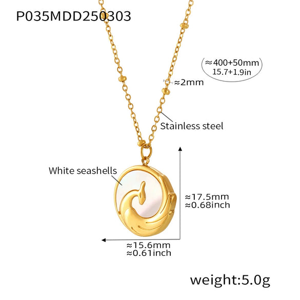 Wholesale Women's Light Luxury Round Clavicle Necklace With Relief Phoenix Design Made Of White Seashell And Stainless Steel 18K Gold Plated Geometric Pattern