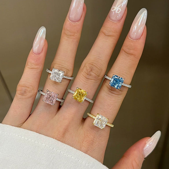Wholesale Women's Light Luxury S925 Sterling Silver Ring With Geometric Pattern And Square Zircon Inlaid By Four Claw Ice Flower Cut And Electroplated