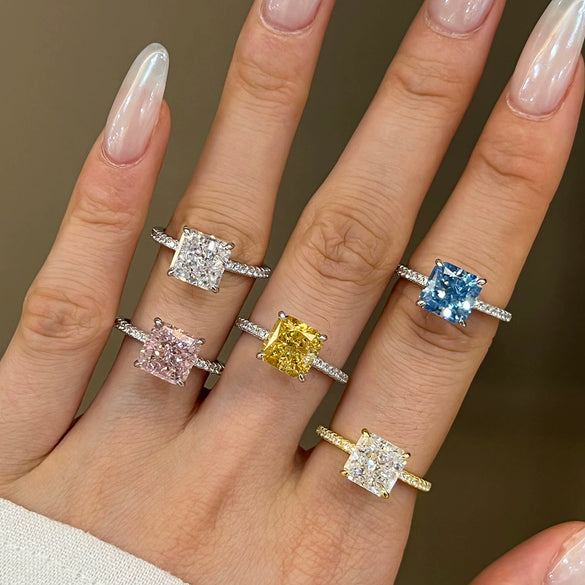 Wholesale Women's Light Luxury S925 Sterling Silver Ring With Geometric Pattern And Square Zircon Inlaid By Four Claw Ice Flower Cut And Electroplated
