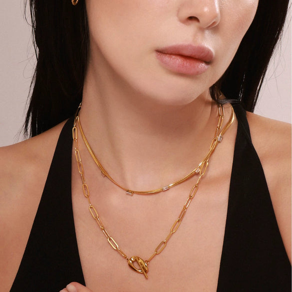 Wholesale Women's Light Luxury Square Zircon Stainless Steel Gold Plated Double Layer Stacked Blade Chain Necklace With Omega Ot Buckle And Geometric Design