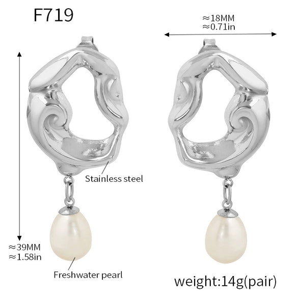 Wholesale Women's Light Luxury 316L Stainless Steel And Freshwater Pearl Geometric Hollow Lava Irregular Plated Pendant Earrings