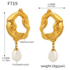 Wholesale Women's Light Luxury 316L Stainless Steel And Freshwater Pearl Geometric Hollow Lava Irregular Plated Pendant Earrings