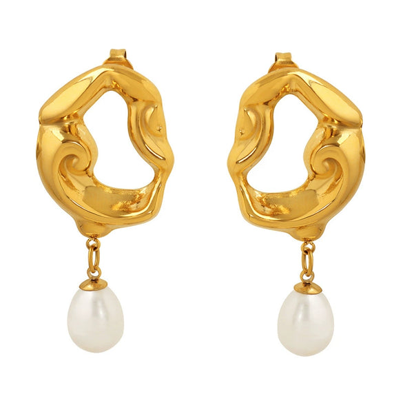 Wholesale Women's Light Luxury 316L Stainless Steel And Freshwater Pearl Geometric Hollow Lava Irregular Plated Pendant Earrings
