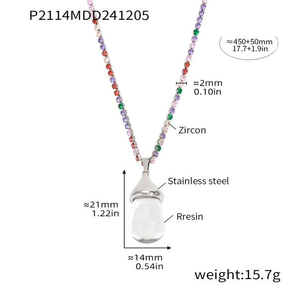 Wholesale Women's Light Luxury Stainless Steel And Resin Water Drop Clavicle Necklace With Colorful Zircon And Geometric Pattern Electroplated