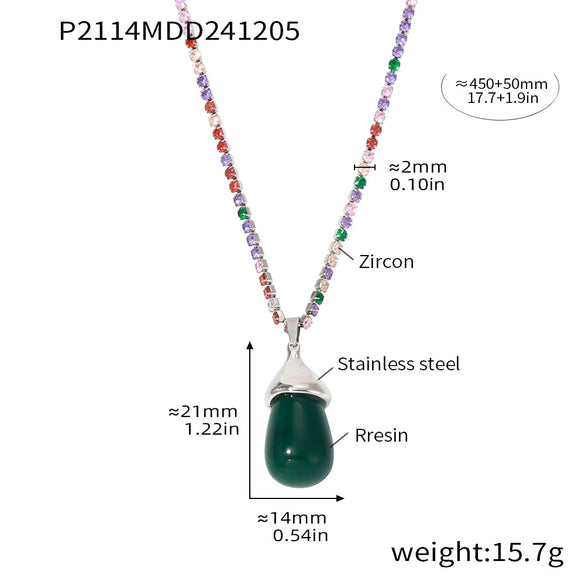 Wholesale Women's Light Luxury Stainless Steel And Resin Water Drop Clavicle Necklace With Colorful Zircon And Geometric Pattern Electroplated