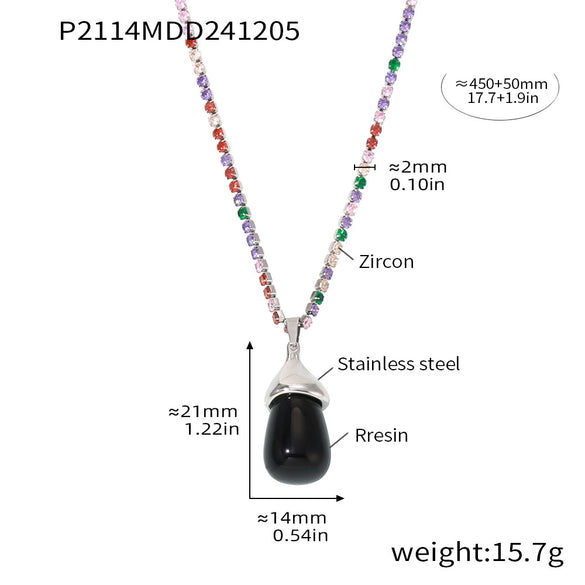 Wholesale Women's Light Luxury Stainless Steel And Resin Water Drop Clavicle Necklace With Colorful Zircon And Geometric Pattern Electroplated