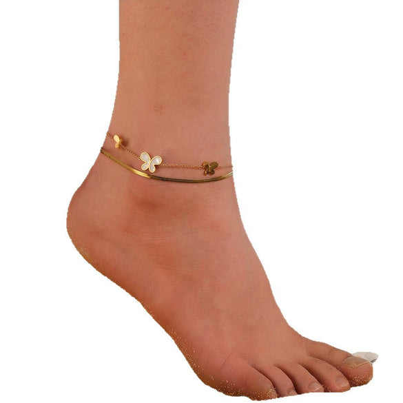 Wholesale Women's Light Luxury Stainless Steel And Titanium Steel Doublelayer Butterfly Inlaid White And Black Shell Anklet