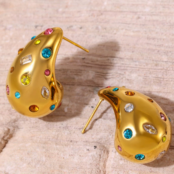 Wholesale Women's Light Luxury 316L Stainless Steel Drop Shaped Zircon Earrings With Geometric Pattern And Pvd Plated Real Gold Inlaid