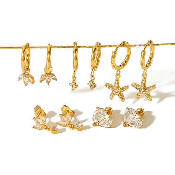 Wholesale Women's Light Luxury Stainless Steel Earrings With Zircon Inlay Starfish Clover Animal Zodiac Design