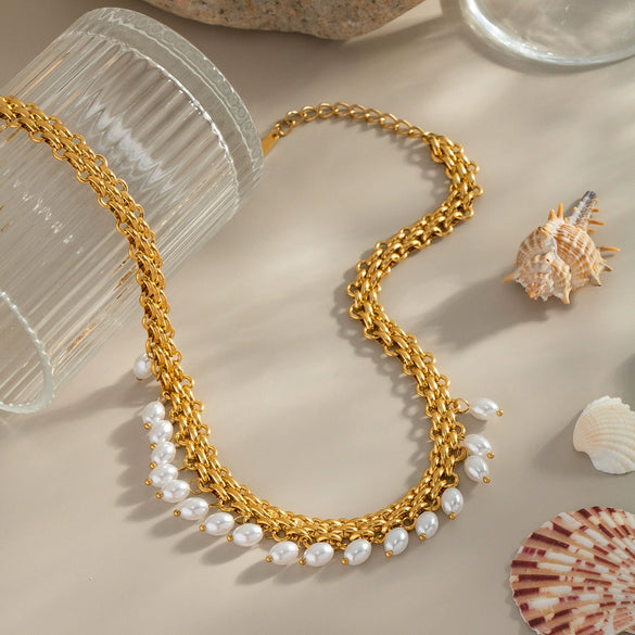 Wholesale Women's Light Luxury Stainless Steel Pearl Necklace And Bracelet With Marine Life Pattern Pvd Vacuum Real Gold Electroplating